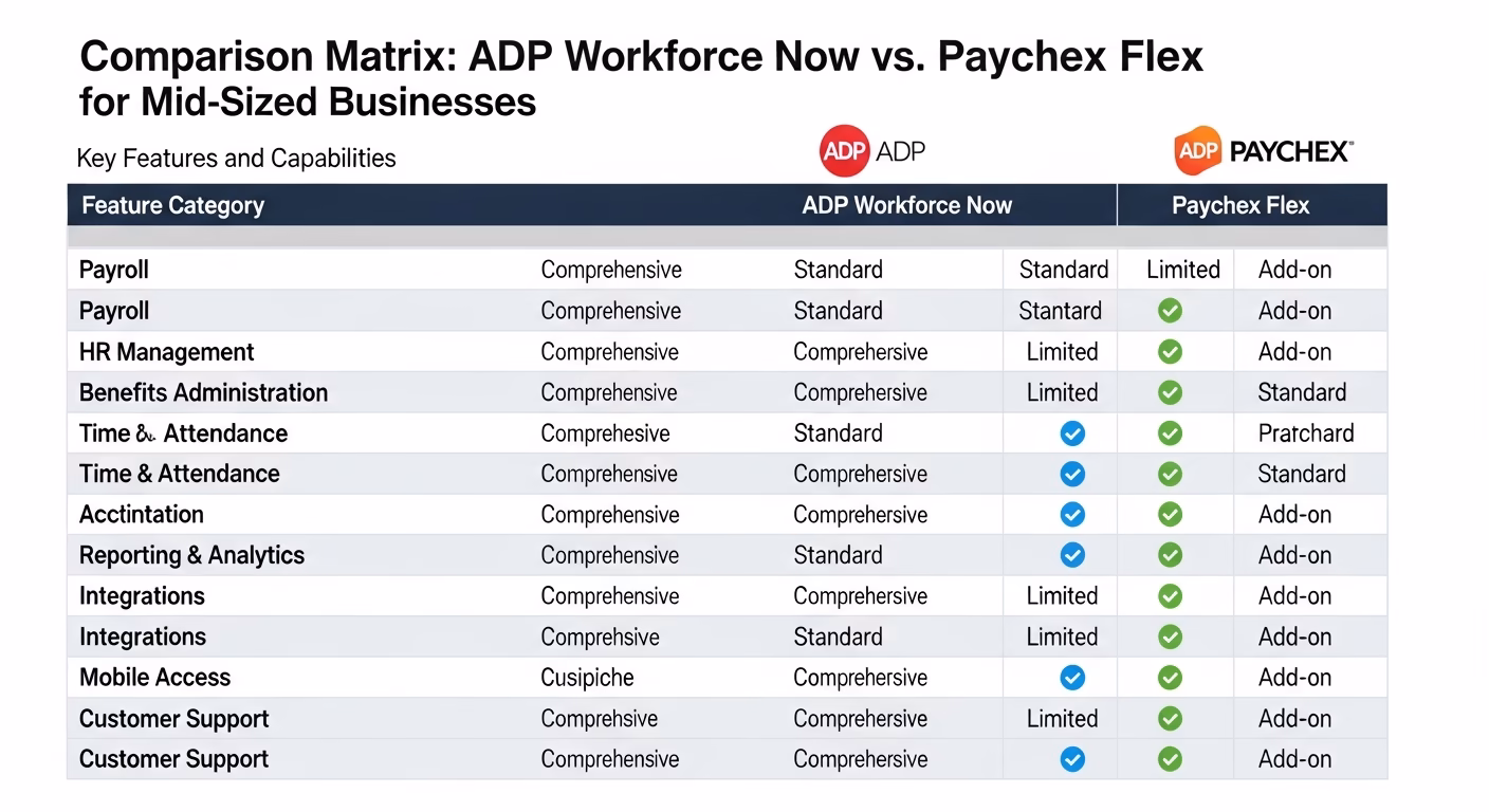ADP vs Paychex: Payroll & HCM for Mid-Sized Businesses 2 Comparison matrix of features for ADP Workforce Now and Paychex Flex for mid-sized businesses
