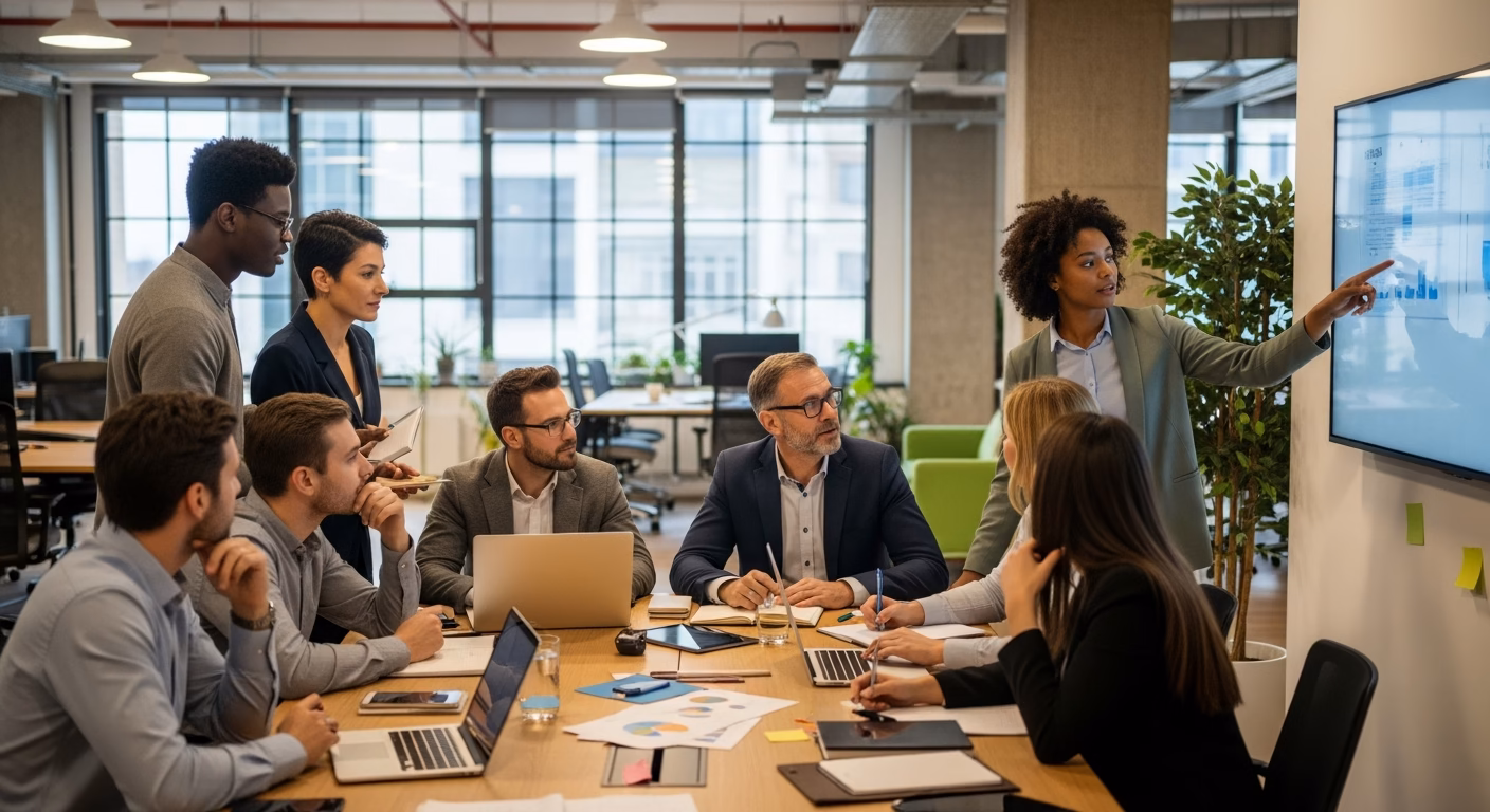 ADP vs Paychex: Payroll & HCM for Mid-Sized Businesses 4 Diverse team of mid-sized business employees collaborating in a modern office