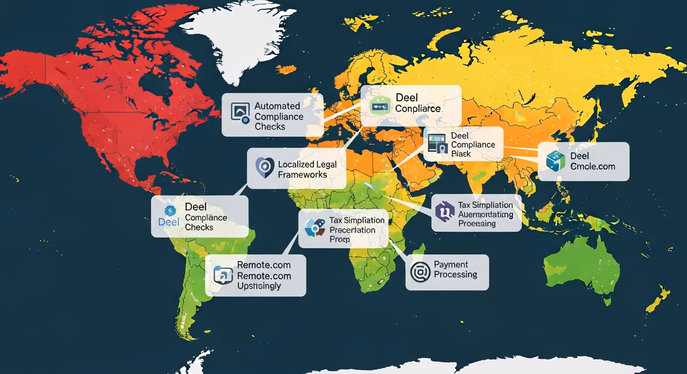 Heat map illustrating global regulatory risks for international contractor hiring and how platforms like Deel and Remote.com mitigate them