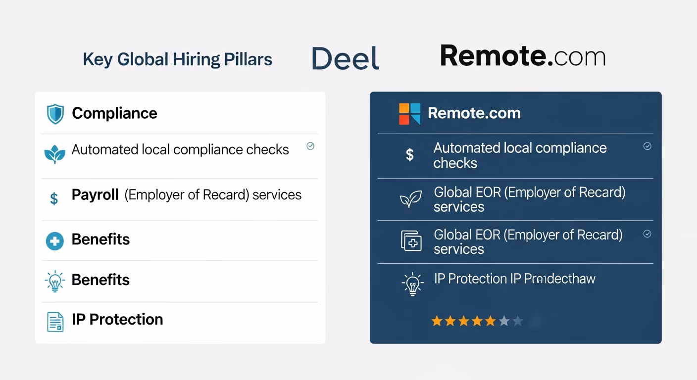Infographic comparing Deel and Remote.com on global hiring pillars like compliance, payroll, benefits, and IP protection