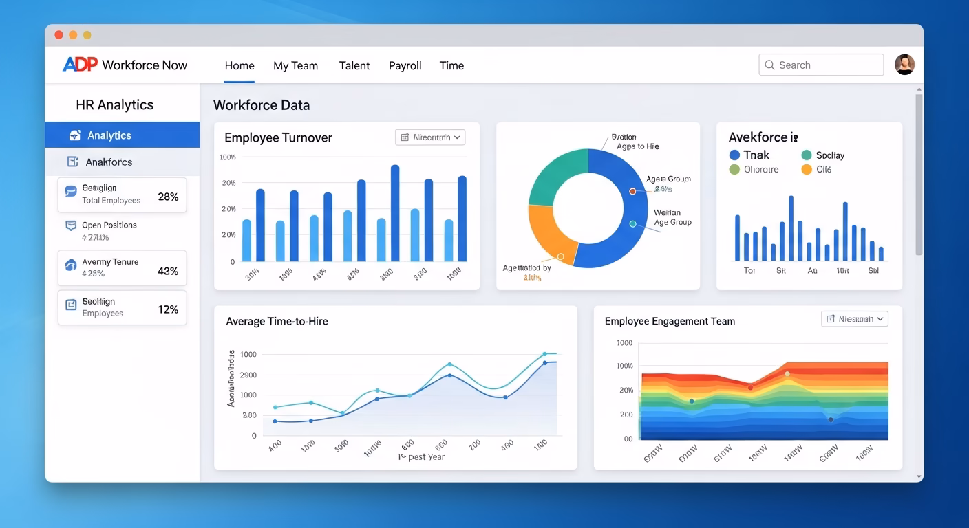 ADP vs Paychex: Payroll & HCM for Mid-Sized Businesses 3 Screenshot of ADP Workforce Now dashboard displaying HR analytics and workforce data