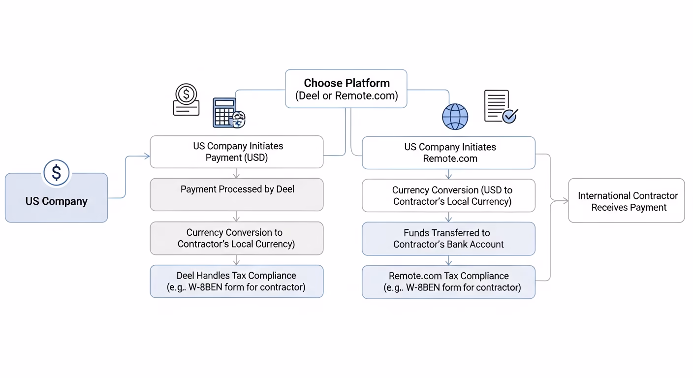 Workflow diagram illustrating money flow from a US company to an international contractor via Deel or Remote.com, detailing currency conversion and tax compliance