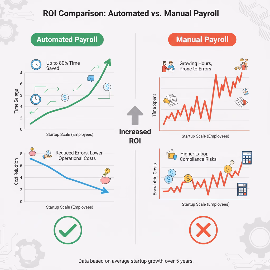 Best Payroll Software for Startups with Independent Contractors 4 A comparison chart showing the ROI of automated payroll versus manual processing, highlighting time savings and cost reduction as a startup scales.