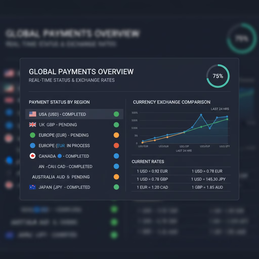 Best Payroll Software for Startups with Independent Contractors 2 A dashboard view of a multi-currency payroll interface showing payment status in various global currencies and exchange rate comparisons.