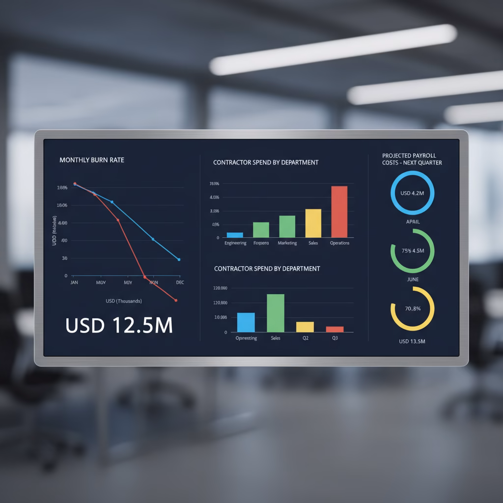 Best Payroll Software for Startups with Independent Contractors 3 A data visualization screen displaying monthly burn rates, contractor spend by department, and projected payroll costs for the next quarter.